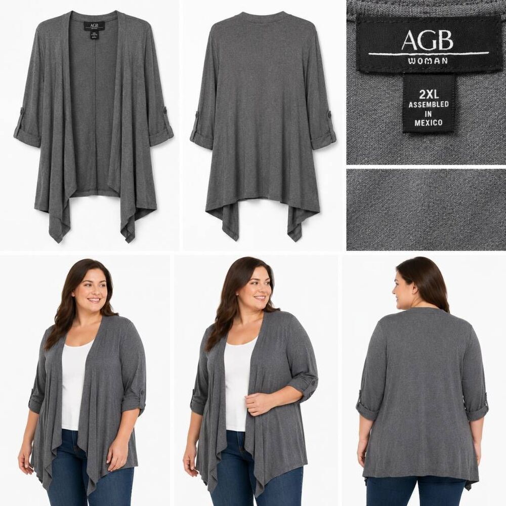 AGB 2X Plus Gray Open Front Cardigan Sweater